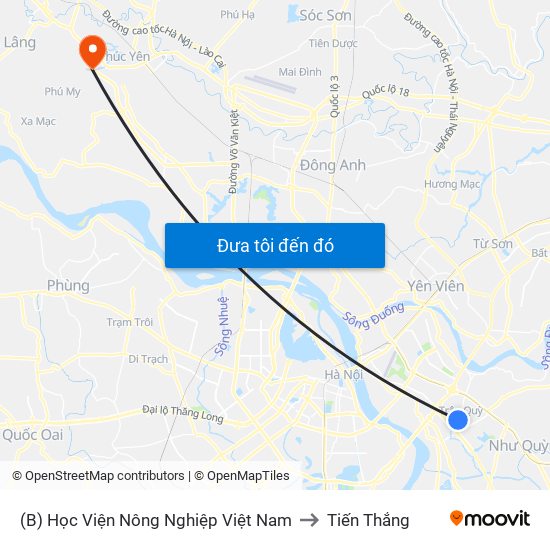 (B) Học Viện Nông Nghiệp Việt Nam to Tiến Thắng map