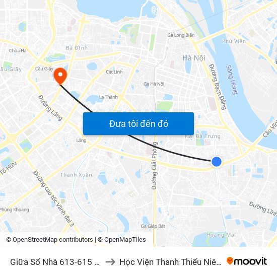 Giữa Số Nhà 613-615 Kim Ngưu to Học Viện Thanh Thiếu Niên Việt Nam map