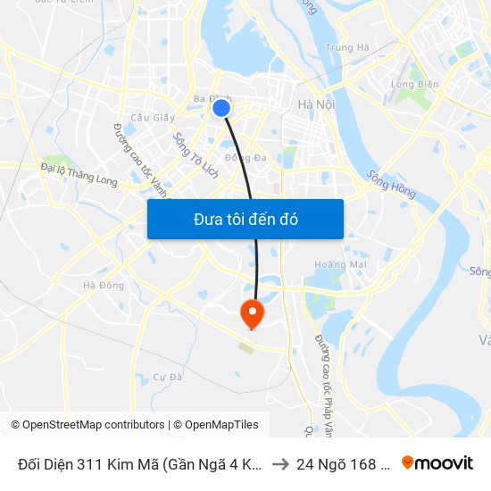 Đối Diện 311 Kim Mã (Gần Ngã 4 Kim Mã - Vạn Bảo) to 24 Ngõ 168 Tựu Liệt map