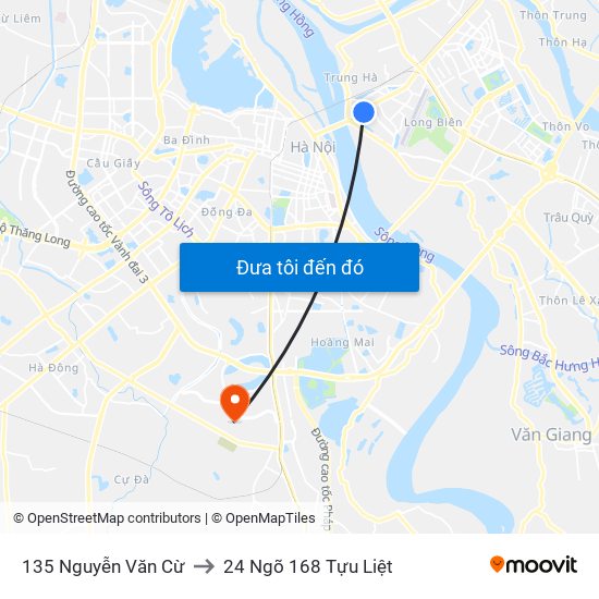 135 Nguyễn Văn Cừ to 24 Ngõ 168 Tựu Liệt map