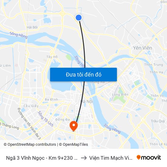 Ngã 3 Vĩnh Ngọc - Km 9+230 Quốc Lộ 3 to Viện Tim Mạch Việt Nam map