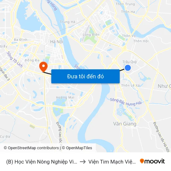 (B) Học Viện Nông Nghiệp Việt Nam to Viện Tim Mạch Việt Nam map