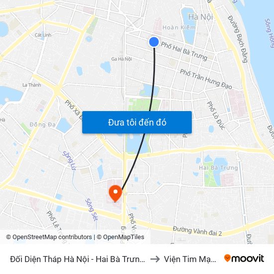 Đối Diện Tháp Hà Nội - Hai Bà Trưng (Cạnh 56 Hai Bà Trưng) to Viện Tim Mạch Việt Nam map