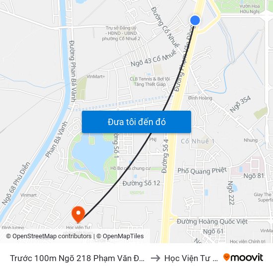 Trước 100m Ngõ 218 Phạm Văn Đồng (Đối Diện Công Viên Hòa Bình) to Học Viện Tư Pháp Việt Nam map