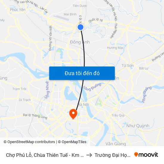 Chợ Phủ Lỗ, Chùa Thiên Tuế - Km 18+600 Quốc Lộ 3 to Trường Đại Học Y Hà Nội map