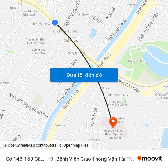 Số 148-150 Cầu Giấy to Bệnh Viện Giao Thông Vận Tải Trung Ương map