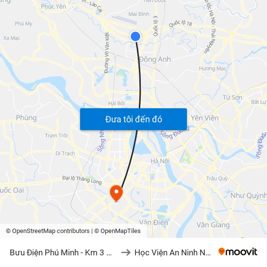 Bưu Điện Phú Minh - Km 3 Quốc Lộ 2 to Học Viện An Ninh Nhân Dân map