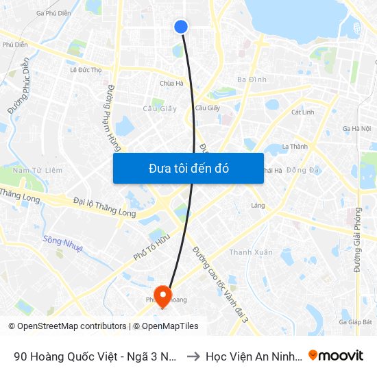 90 Hoàng Quốc Việt - Ngã 3 Nguyễn Văn Huyên to Học Viện An Ninh Nhân Dân map