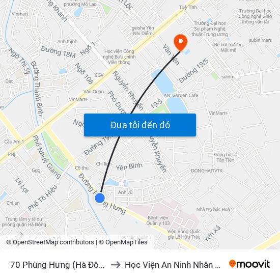 70 Phùng Hưng (Hà Đông) to Học Viện An Ninh Nhân Dân map