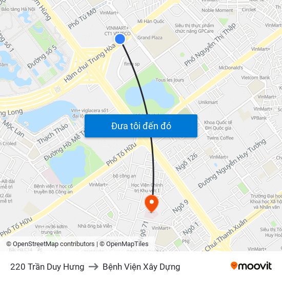 220 Trần Duy Hưng to Bệnh Viện Xây Dựng map