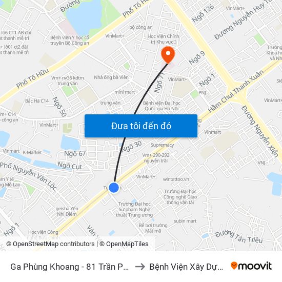 Ga Phùng Khoang - 81 Trần Phú to Bệnh Viện Xây Dựng map
