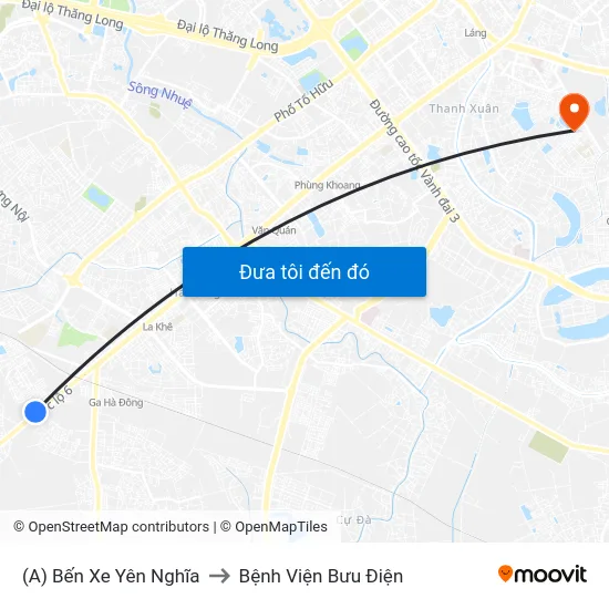 (A) Bến Xe Yên Nghĩa to Bệnh Viện Bưu Điện map