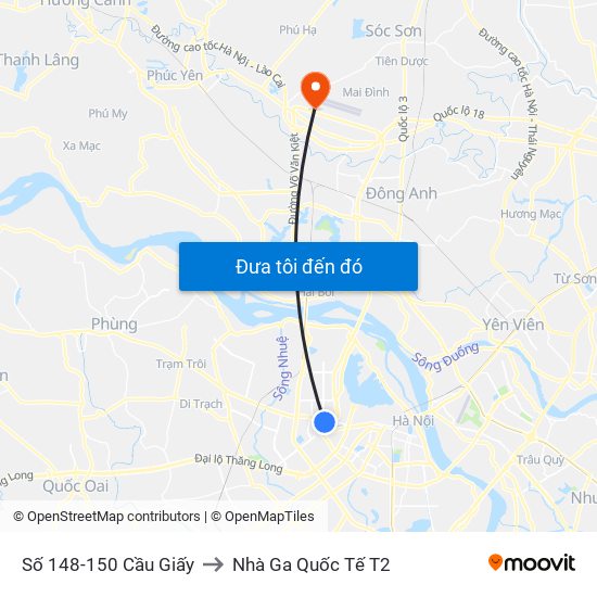 Số 148-150 Cầu Giấy to Nhà Ga Quốc Tế T2 map