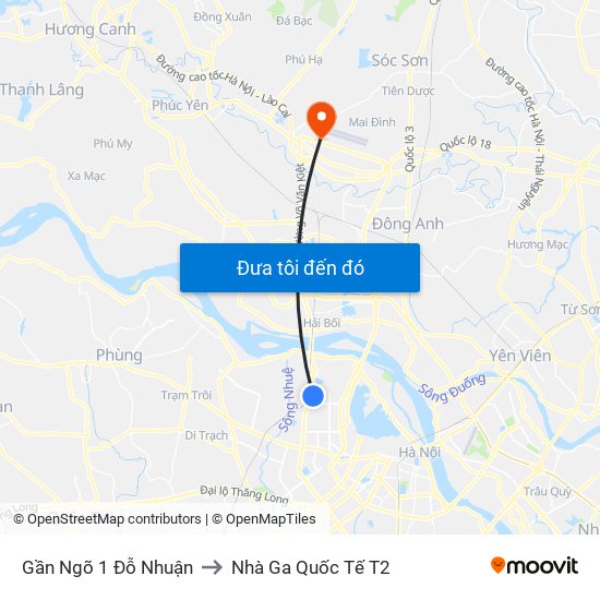 Gần Ngõ 1 Đỗ Nhuận to Nhà Ga Quốc Tế T2 map