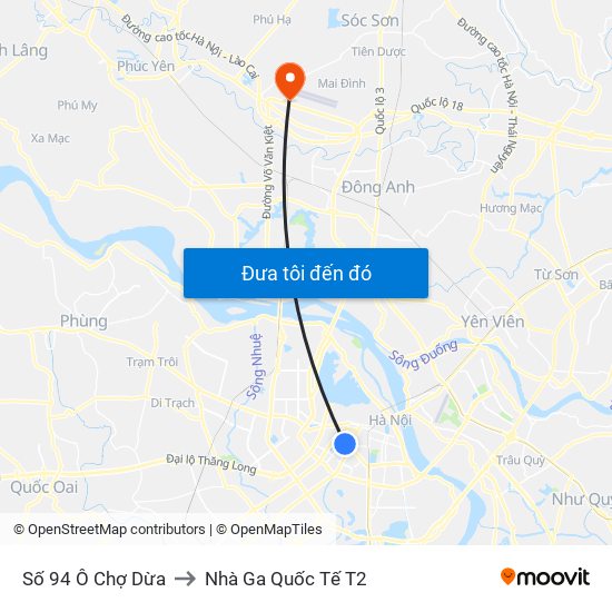 Số 94 Ô Chợ Dừa to Nhà Ga Quốc Tế T2 map