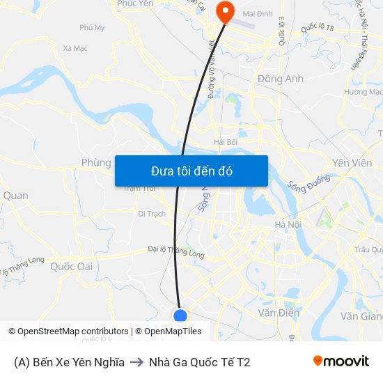 (A) Bến Xe Yên Nghĩa to Nhà Ga Quốc Tế T2 map