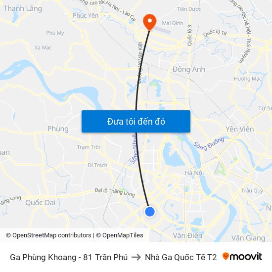 Ga Phùng Khoang - 81 Trần Phú to Nhà Ga Quốc Tế T2 map