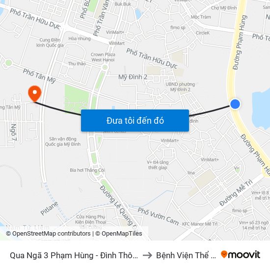 Qua Ngã 3 Phạm Hùng - Đình Thôn (Hướng Đi Phạm Văn Đồng) to Bệnh Viện Thể Thao Việt Nam map