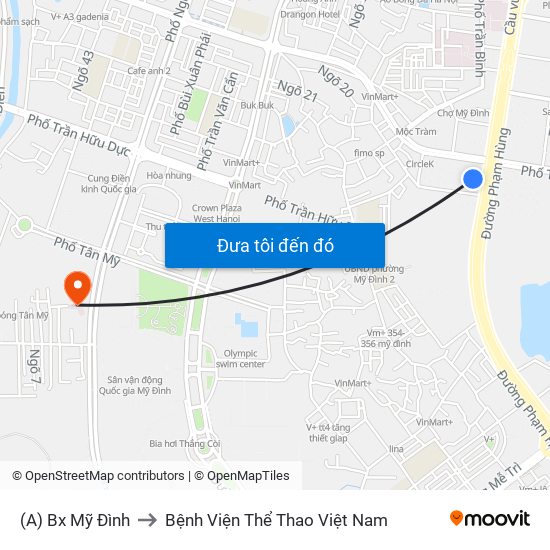 (A) Bx Mỹ Đình to Bệnh Viện Thể Thao Việt Nam map