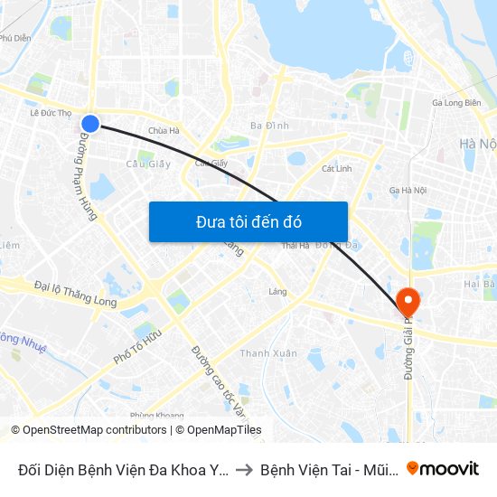 Nhà Máy Nước Mai Dịch - Phạm Hùng to Bệnh Viện Tai - Mũi - Họng Trung Ương map