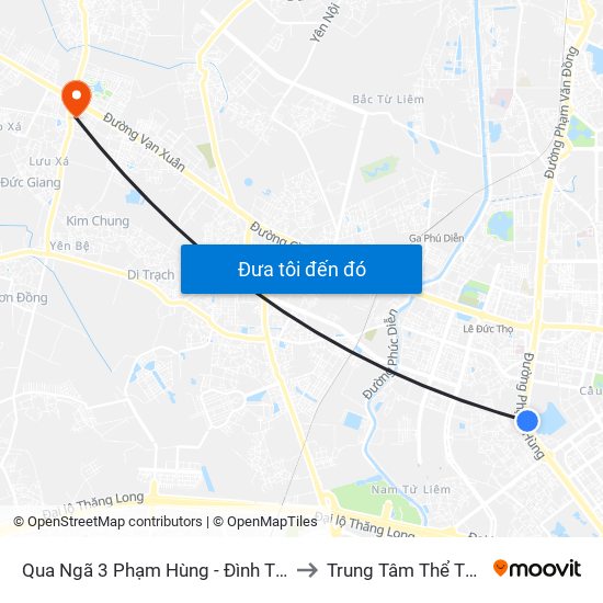 Qua Ngã 3 Phạm Hùng - Đình Thôn (Hướng Đi Phạm Văn Đồng) to Trung Tâm Thể Thao Huyện Hoài Đức map