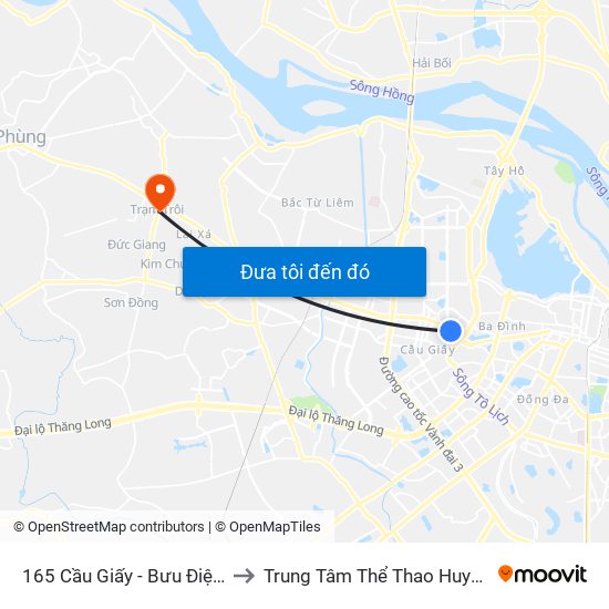 165 Cầu Giấy - Bưu Điện Cầu Giấy to Trung Tâm Thể Thao Huyện Hoài Đức map