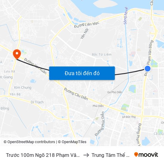 Trước 100m Ngõ 218 Phạm Văn Đồng (Đối Diện Công Viên Hòa Bình) to Trung Tâm Thể Thao Huyện Hoài Đức map