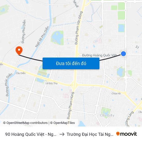 90 Hoàng Quốc Việt - Ngã 3 Nguyễn Văn Huyên to Trường Đại Học Tài Nguyên Và Môi Trường map