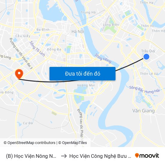 (B) Học Viện Nông Nghiệp Việt Nam to Học Viện Công Nghệ Bưu Chính Viễn Thông map