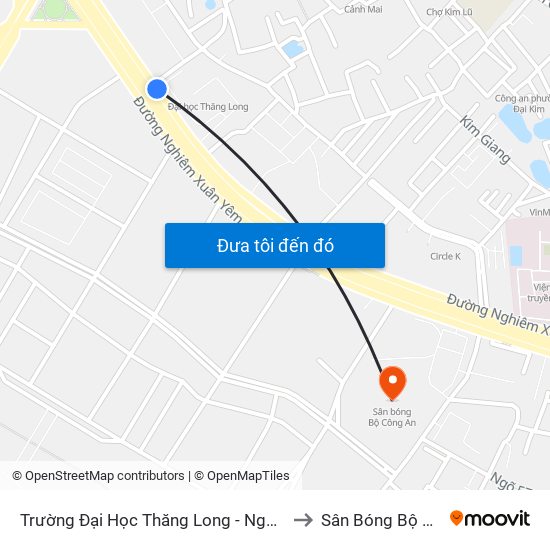 Trường Đại Học Thăng Long - Nghiêm Xuân Yêm to Sân Bóng Bộ Công An map