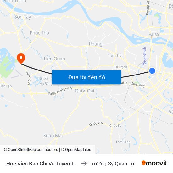 Học Viện Báo Chí Và Tuyên Truyền - 36 Xuân Thủy to Trường Sỹ Quan Lục Quân Sơn Tây map