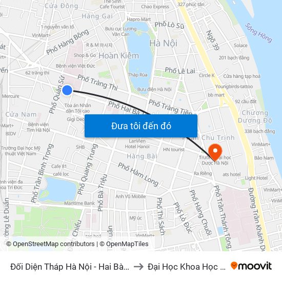 Đối Diện Tháp Hà Nội - Hai Bà Trưng (Cạnh 56 Hai Bà Trưng) to Đại Học Khoa Học Tự Nhiên - Khoa Hoá map