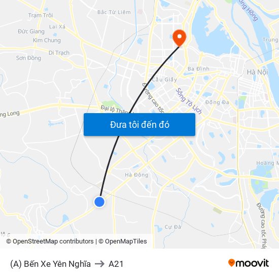 (A) Bến Xe Yên Nghĩa to A21 map