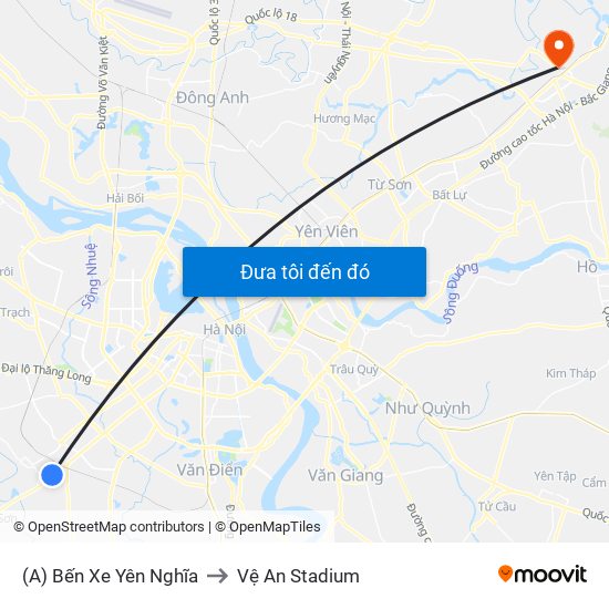 (A) Bến Xe Yên Nghĩa to Vệ An Stadium map