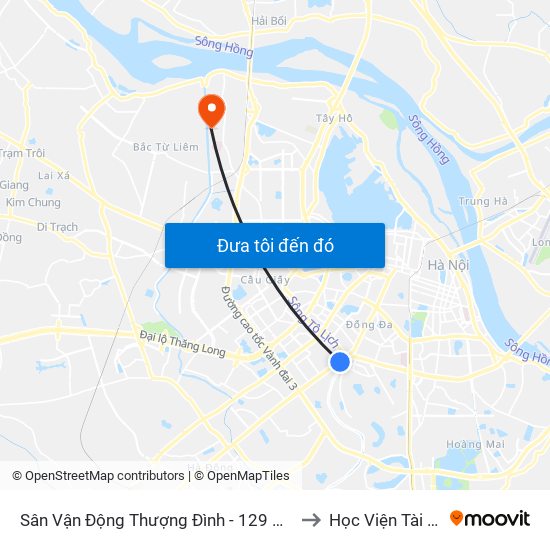 Sân Vận Động Thượng Đình - 129 Nguyễn Trãi to Học Viện Tài Chính map
