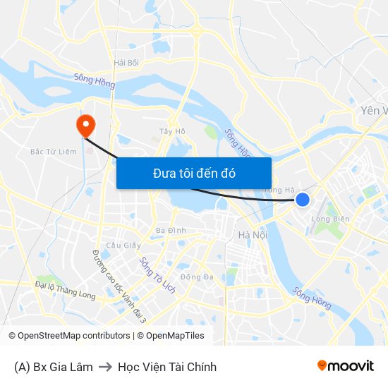 (A) Bx Gia Lâm to Học Viện Tài Chính map