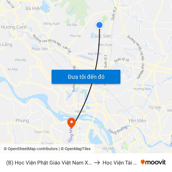 (B) Học Viện Phật Giáo Việt Nam  Xuân Giang to Học Viện Tài Chính map