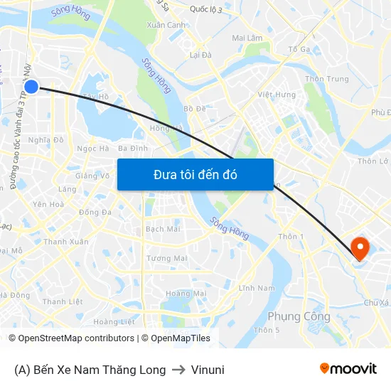 (A) Bến Xe Nam Thăng Long to Vinuni map