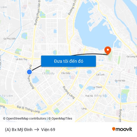 (A) Bx Mỹ Đình to Viện 69 map