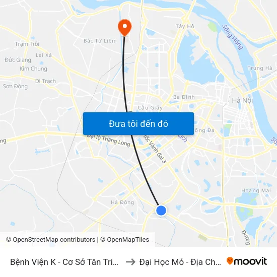 Bệnh Viện K - Cơ Sở Tân Triều to Đại Học Mỏ - Địa Chất map