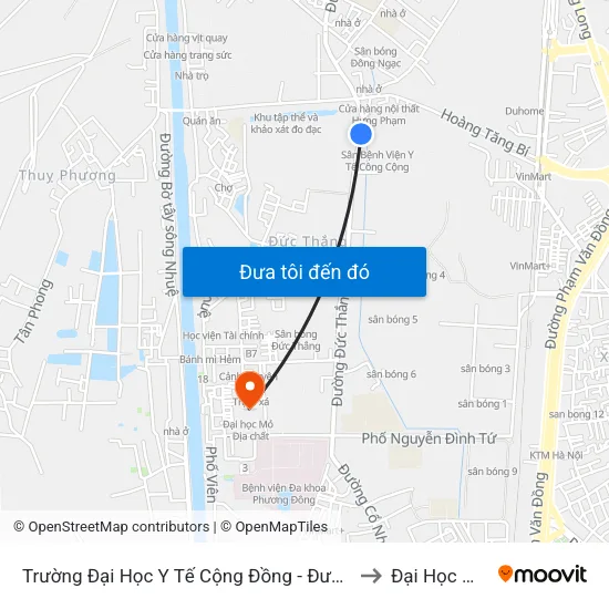 Trường Đại Học Y Tế Cộng Đồng -  Đường Đức Thắng - Phường Đông Ngạc to Đại Học Mỏ - Địa Chất map
