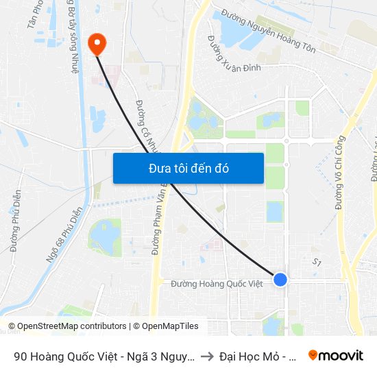 90 Hoàng Quốc Việt - Ngã 3 Nguyễn Văn Huyên to Đại Học Mỏ - Địa Chất map