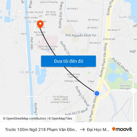 Trước 100m Ngõ 218 Phạm Văn Đồng (Đối Diện Công Viên Hòa Bình) to Đại Học Mỏ - Địa Chất map