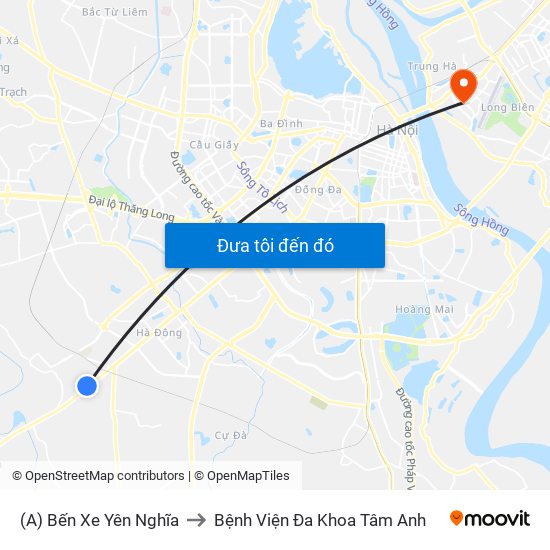 (A) Bến Xe Yên Nghĩa to Bệnh Viện Đa Khoa Tâm Anh map