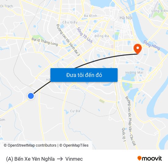 (A) Bến Xe Yên Nghĩa to Vinmec map