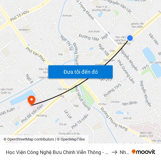 Học Viện Công Nghệ Bưu Chính Viễn Thông - Trần Phú (Hà Đông) to Nhà K map