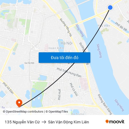 135 Nguyễn Văn Cừ to Sân Vận Động Kim Liên map