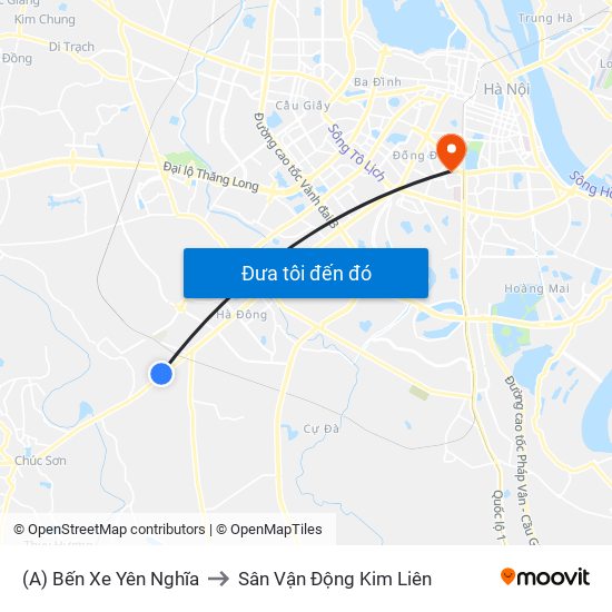 (A) Bến Xe Yên Nghĩa to Sân Vận Động Kim Liên map