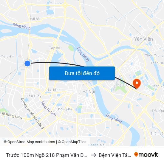 Trước 100m Ngõ 218 Phạm Văn Đồng (Đối Diện Công Viên Hòa Bình) to Bệnh Viện Tâm Thần Hà Nội map