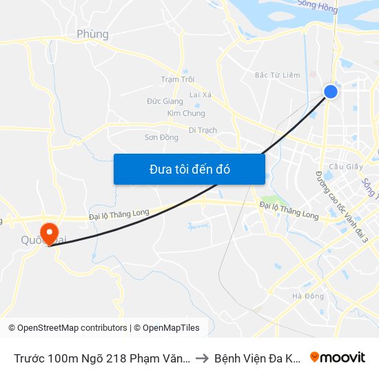 Trước 100m Ngõ 218 Phạm Văn Đồng (Đối Diện Công Viên Hòa Bình) to Bệnh Viện Đa Khoa Huyện Quốc Oai map
